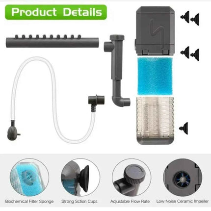 3-IN-1 Aquarium Internal Filter Pump Silent Wave-Maker Submersible Fish Tank Filters Air Oxygen Aerator for Saltwater Freshwater