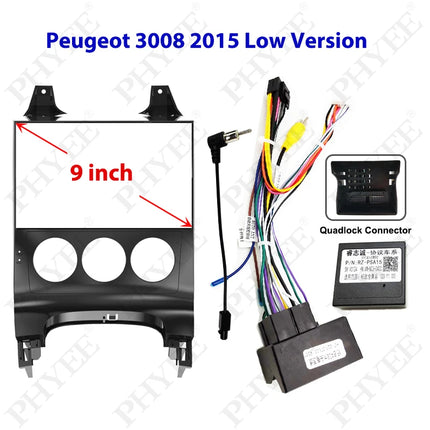 Kit di montaggio telaio pannello radio Android da 9" con decodificatore CAN Bus da 16 pin a cablaggio Quadlock per Peugeot 3008 2009-2015