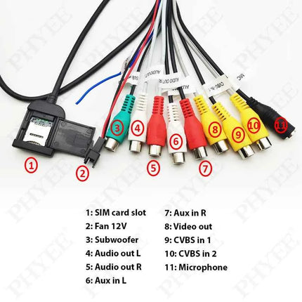 Cablaggio audio video RCA a 20 pin, cavo slot per scheda SIM 4G, uscita subwoofer CVBS Aux Amp Control Fan Jack Mic Wire per Android per auto