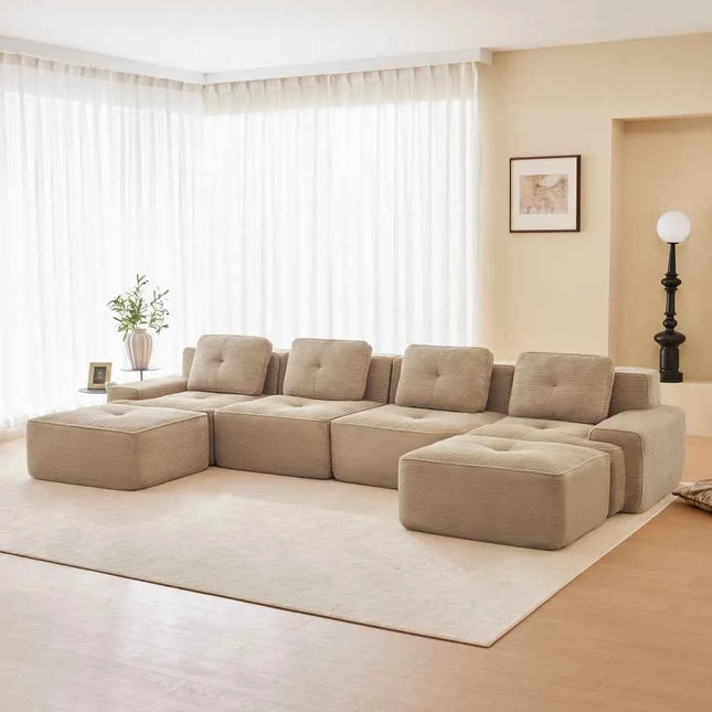 4-Seater Boneless Modular Sofa with U-Shaped Chair Length, Living Room Comfortably Padded Corduroy Cloud Sofa, Non-Slip Design