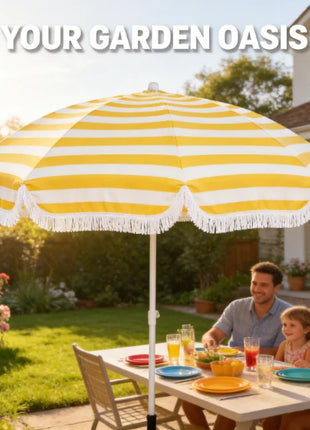 Ombrellone da spiaggia a righe in TNT da 180 cm con frange, ombrellone portatile da esterno a 8 stecche, ombrellone da spiaggia a righe impermeabile e resistente al vento per giardino, piscina, mare, campeggio