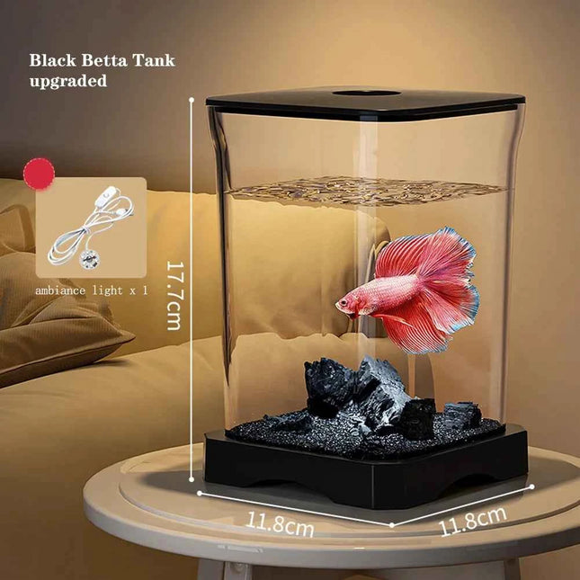 Aquarium Starter Kit Mini Desktop Rectangular Fish Tank With Top Feeding Hole with Bottom Light Tabletop Decoration For Betta