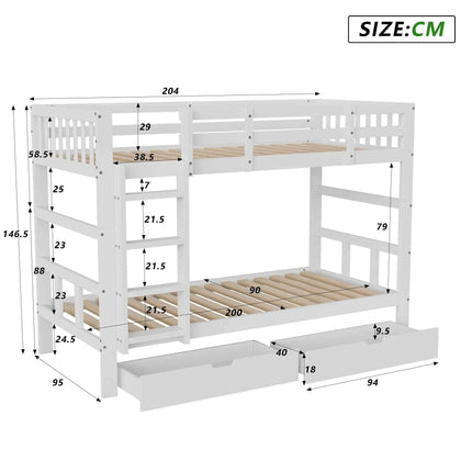 Rosahqnda children's bunk bed 90x200cm with 2 drawers multi-function bed single/double bed,Wooden bed with slatted frame,White