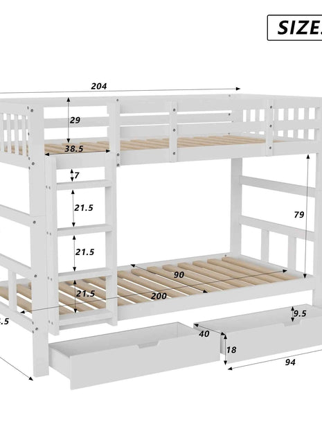 Rosahqnda children's bunk bed 90x200cm with 2 drawers multi-function bed single/double bed,Wooden bed with slatted frame,White