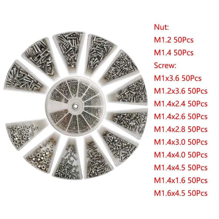 600 pz/scatola M1 M1.2 M1.4 M1.6 Kit di assortimento di dadi per viti piccole universali per occhiali da sole occhiali da vista strumenti di riparazione dell'orologio