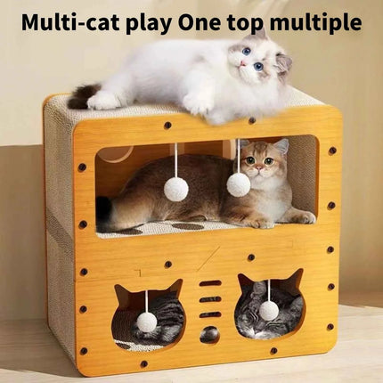 Large Cat House with Scratching Board Indoor Cat Shelter for Resting and Playing Easy Assembly Suitable for Multi-cat Families