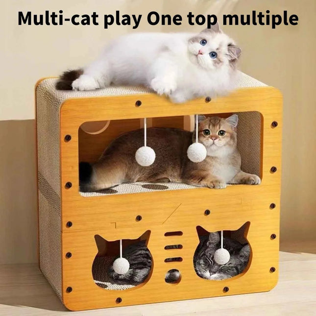 Large Cat House with Scratching Board Indoor Cat Shelter for Resting and Playing Easy Assembly Suitable for Multi-cat Families