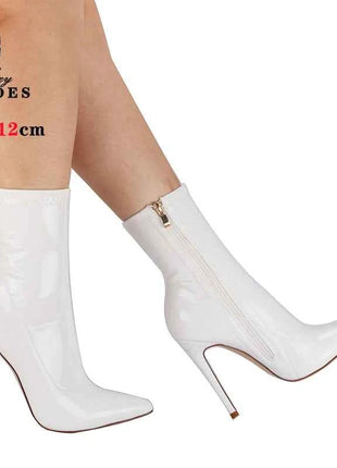 10 centimetri 12 CENTIMETRI Donne Sexy Stivaletti Cerniera Tacchi Sottili Stivale Corto Lucido In Pelle Verniciata Tacchi Alti Scarpe Da Ufficio Donna Bota Feminina