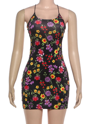 Kliou Women's Floral Print Mini Dress Low Neck Cross Bandage Backless Sleeveless Skinny Peach Hip Hot Girls Street Style Bodycon