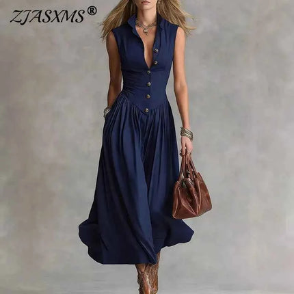 Abito lungo estivo da donna 2026 senza maniche, sexy, con bottoni e risvolto, a vita alta, stile bohémien, arricciato, tinta unita, per vacanze
