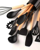 12pcs Set of Multi-color Silicone Wooden Handle Kitchenware Set Non Stick Pot Spatula and Spoon Cooking Utensils, Heat-resistant