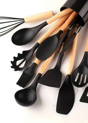 12pcs Set of Multi-color Silicone Wooden Handle Kitchenware Set Non Stick Pot Spatula and Spoon Cooking Utensils, Heat-resistant