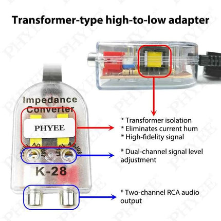 PHYEE Cablaggio convertitore ad alta a bassa impedenza da 16 pin, filtro antirumore trasformatore adattatore uscita linea RCA, Plug & Play per Android per auto