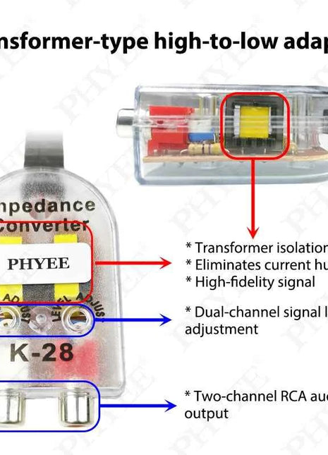 PHYEE Cablaggio convertitore ad alta a bassa impedenza da 16 pin, filtro antirumore trasformatore adattatore uscita linea RCA, Plug & Play per Android per auto