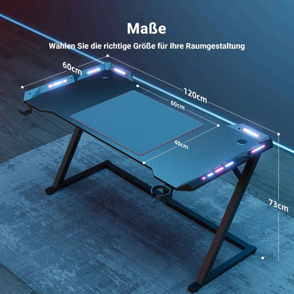 Claiks Gaming Desk with LED Light, Z-Frame Gaming Table with Cup Holder and Built-in Headphone Hook