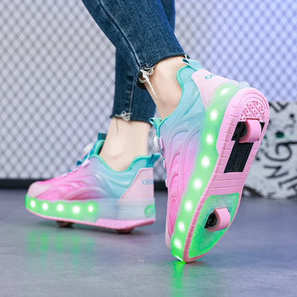 Scarpe da skate a rotelle con luce a led per bambini a due ruote per bambini Ragazzi Ragazze Sport luminosi Sneakers luminose Skateboard Ricarica USB
