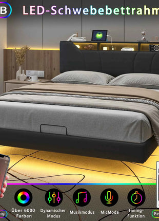 Anajqaqia 160×200cm Hydraulic Bed with LED Light and USB Charge, Upholstered Double Bed, with Storage Space Underbed, PU, Black