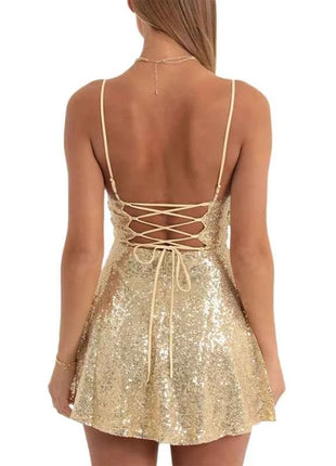 Abito da donna con paillettes lucide senza maniche, senza schienale, con spalline, aderente, mini abito da donna alla moda, abito da festa a trapezio per cocktail streetwear