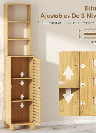Homcom Tall Narrow Bamboo Bathroom Cabinet with 3 Open Shelves Slatted Door Adjustable Shelves Natural