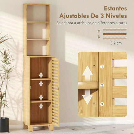 Homcom Tall Narrow Bamboo Bathroom Cabinet with 3 Open Shelves Slatted Door Adjustable Shelves Natural