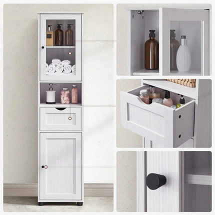 VASAGLE Tall Free Standing Bathroom Cabinet, Slim Cupboard, Glass Door, Adjustable Shelves, Light Grey