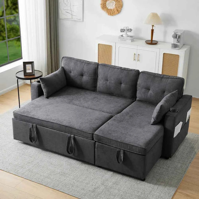 L-shaped Upholstered Sofa Bed with Sleeping Function, with Storage Space and Beverage Holder, Left and Right Interchangeable