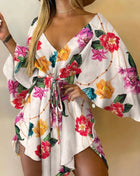 Women's Sexy V-Neck Batwing Sleeve Ruffle Floral Print Bohemian Beach Dress Summer Women's Loose Mini Dresses for Summer Vacation