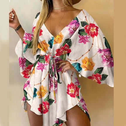Abito da donna con stampa sexy scollo a V manica a pipistrello con volant fiori stampa Bohemian Beach vestito estivo da donna mini abiti larghi per le vacanze estive