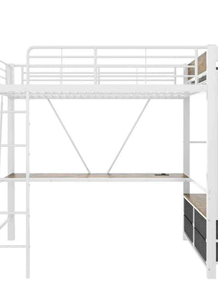 KOMHTOM High Bed 90x200cm Iron frame with desk LED bar USB + TYPE-C socket 4 drawers