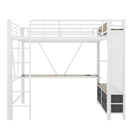 KOMHTOM High Bed 90x200cm Iron frame with desk LED bar USB + TYPE-C socket 4 drawers