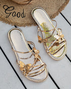 Women's Slippers with Butterfly Design Summer Chic Rose Gold Metal Band Slides Ladies Casual Outdoor Flat Beach Sandal Shoes Plus Size