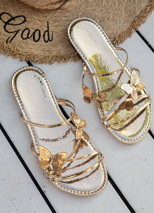 Women's Slippers with Butterfly Design Summer Chic Rose Gold Metal Band Slides Ladies Casual Outdoor Flat Beach Sandal Shoes Plus Size