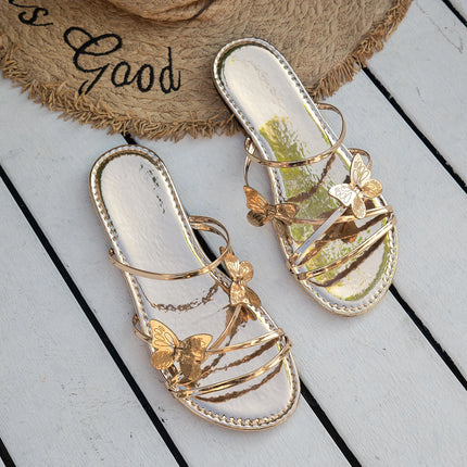 Pantofole da donna con Design a farfalla Summer Chic Rose Gold Metal Band Slides Ladies Casual Outdoor Flat Beach Sandal Shoes Plus Size