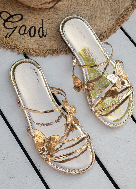 Pantofole da donna con Design a farfalla Summer Chic Rose Gold Metal Band Slides Ladies Casual Outdoor Flat Beach Sandal Shoes Plus Size