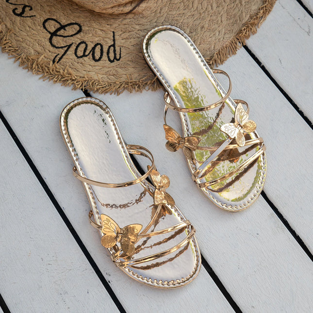 Pantofole da donna con Design a farfalla Summer Chic Rose Gold Metal Band Slides Ladies Casual Outdoor Flat Beach Sandal Shoes Plus Size