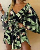 Women's Sexy V-Neck Batwing Sleeve Ruffle Floral Print Bohemian Beach Dress Summer Women's Loose Mini Dresses for Summer Vacation