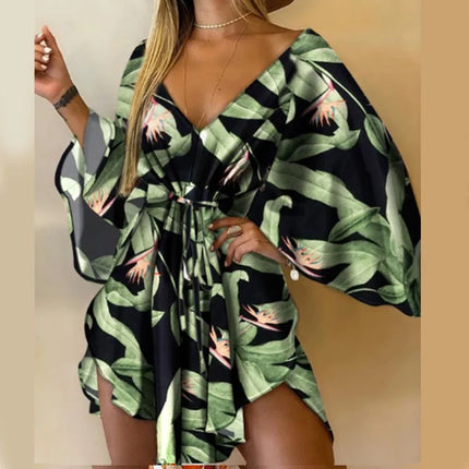 Abito da donna con stampa sexy scollo a V manica a pipistrello con volant fiori stampa Bohemian Beach vestito estivo da donna mini abiti larghi per le vacanze estive