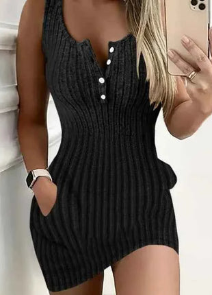 Abito aderente senza maniche elegante con bottoni sul davanti e tasca per abbigliamento da donna primavera estate