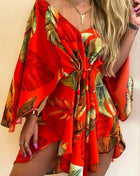 Women's Sexy V-Neck Batwing Sleeve Ruffle Floral Print Bohemian Beach Dress Summer Women's Loose Mini Dresses for Summer Vacation