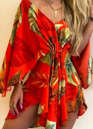 Women's Sexy V-Neck Batwing Sleeve Ruffle Floral Print Bohemian Beach Dress Summer Women's Loose Mini Dresses for Summer Vacation