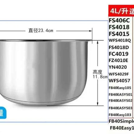 Pentola Interna Midea in Acciaio Inox 304 - 3L 4L 5L per Rice Cooker FS3010/70