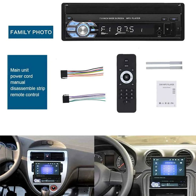 Hikity Car Radio 1DIN 7 inch HD Retractable Touch Screen MP5 Multimedia Player BT FM SD EQ USB AUX Stereo Audio Remote Control
