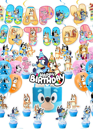Decorazioni per feste di compleanno a tema Bluey/Bingo, set di piatti di carta usa e getta, striscione, bandierine per torta, palloncini a forma di cane.
