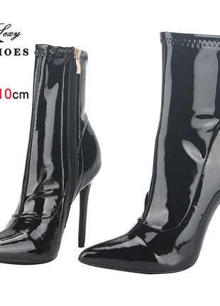 10CM 12CM Women Sexy Ankle Boots Zipper Thin Heels Short Boot Shiny Patent Leather High Heels Office Shoes Woman Bota Feminina