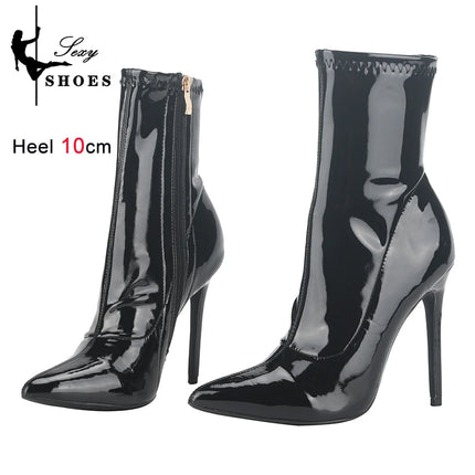 10 centimetri 12 CENTIMETRI Donne Sexy Stivaletti Cerniera Tacchi Sottili Stivale Corto Lucido In Pelle Verniciata Tacchi Alti Scarpe Da Ufficio Donna Bota Feminina