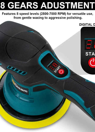 Lucidatrice per auto senza fili Gisam 8Gear con display digitale, lucidatrice elettrica per auto, macchina per lucidatura e ceratura auto, compatibile con batteria Makita 18V.