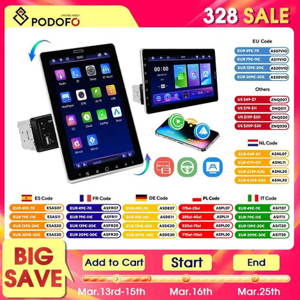 Podofo 1Din  10.1''  Car Radio Carplay Android Auto Mirror Link GPS Navi Universal Multimedia Player with BT FM radio TF USB EQ