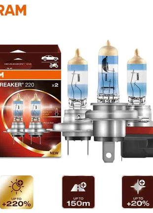 OSRAM Night Breaker 220 Car Lamps H4 H7 H11 Halogen Headlight +220% Power Bright +150m Long Beam Original Light 12V Germany, 2x