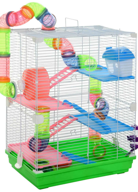Pawut Cage for hamster and gerbil 5-stage, secure metal fence habitat with tunnels, wheel, house and lashers,