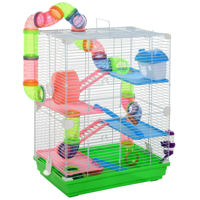 Pawut Cage for hamster and gerbil 5-stage, secure metal fence habitat with tunnels, wheel, house and lashers,
